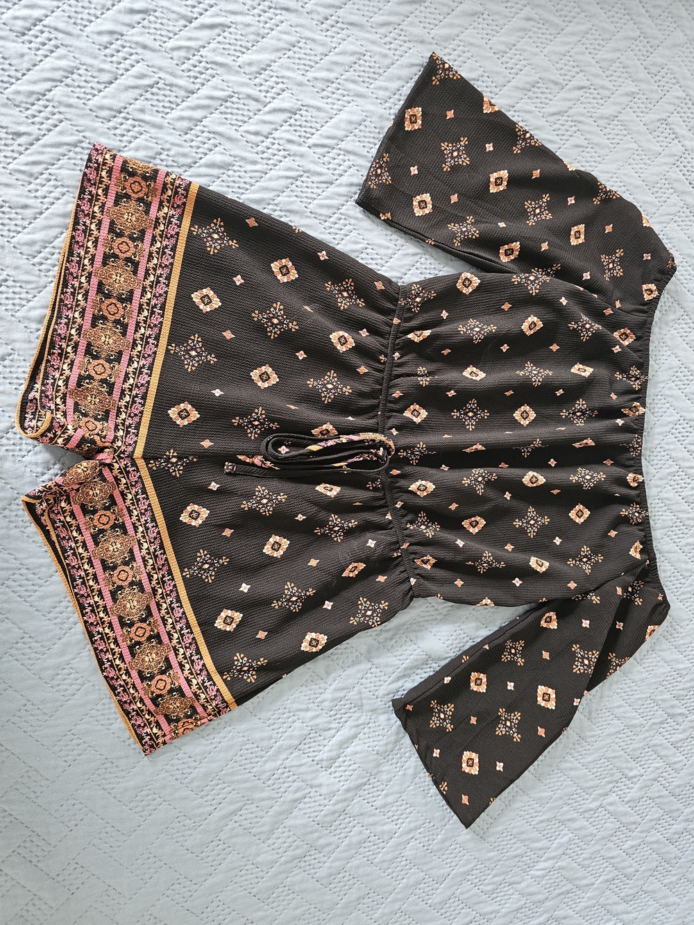 J for Justify Black Floral-Print Romper with Pink and Tan Accents